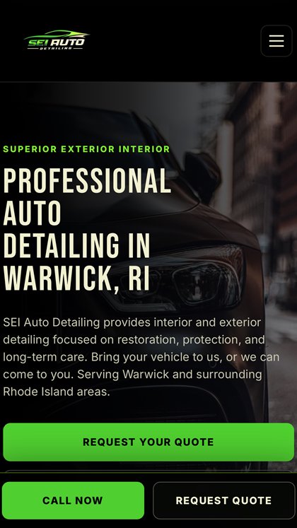 Mobile preview of the SEI Auto Detailing demo website showing headline and quote buttons